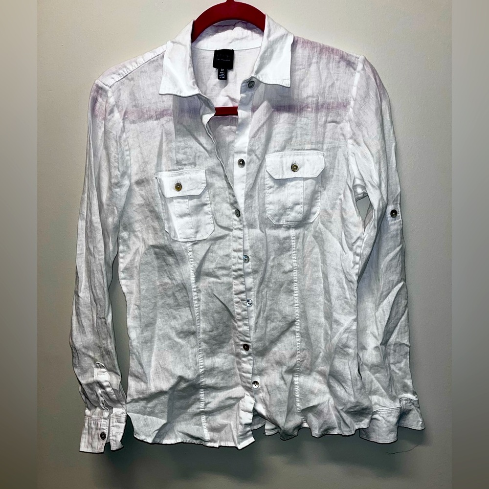 Saks Fifth Avenue 100% Linen Collared Button Down Shirt White